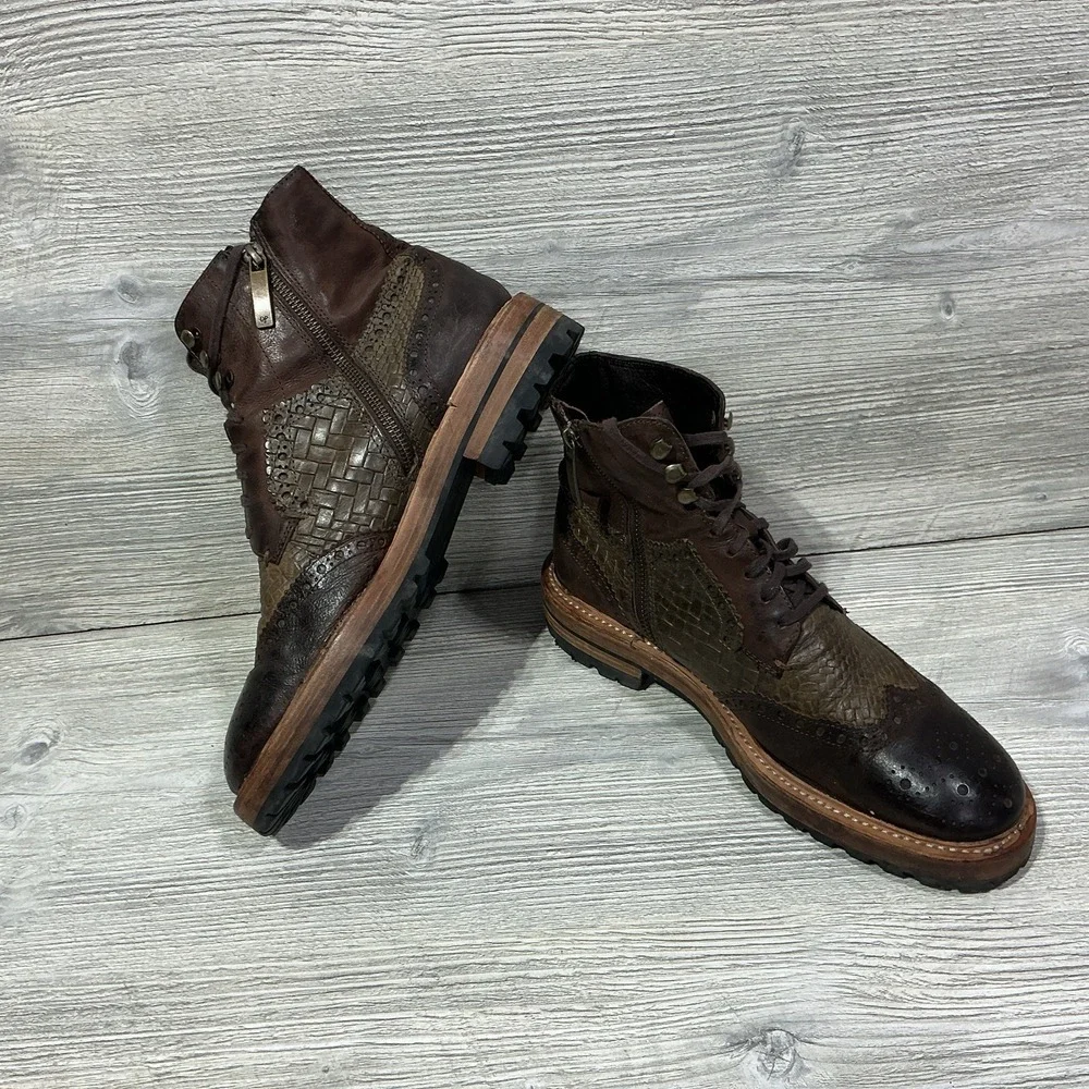 Donald J. Pliner Ziroc 56 Men's Size 8 M Brown Leather Wingtip Lace Up Zip Boots